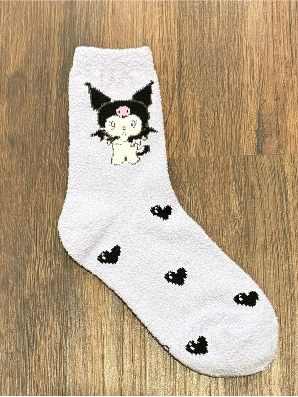 Cute Sanrio Kuromi Fuzzy Socks in Light Lavender with Black Hearts
